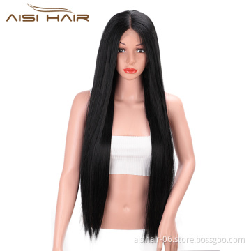 Aisi Hair New Design Silky Straight Lace Front Long Wigs Heat Resistant Synthetic Fiber Black Long Straight Wig for Women